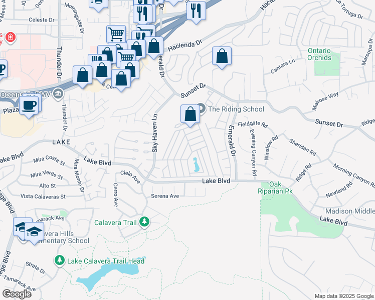 map of restaurants, bars, coffee shops, grocery stores, and more near 65 Brookside Lane in Oceanside