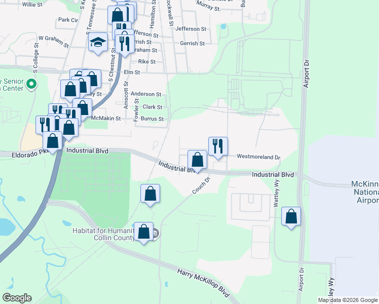 map of restaurants, bars, coffee shops, grocery stores, and more near 1111 Westmoreland Drive in McKinney