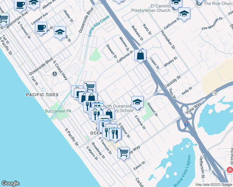 map of restaurants, bars, coffee shops, grocery stores, and more near 933 Horne Place in Oceanside