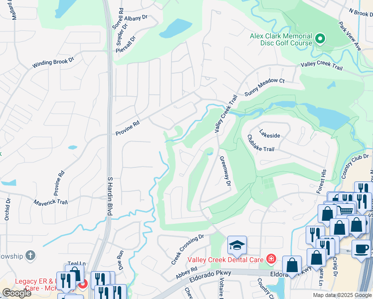 map of restaurants, bars, coffee shops, grocery stores, and more near 2810 Roundrock in McKinney