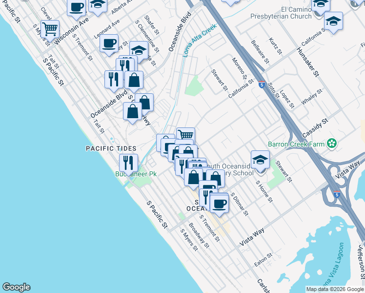 map of restaurants, bars, coffee shops, grocery stores, and more near 1505 Alvarado Street in Oceanside
