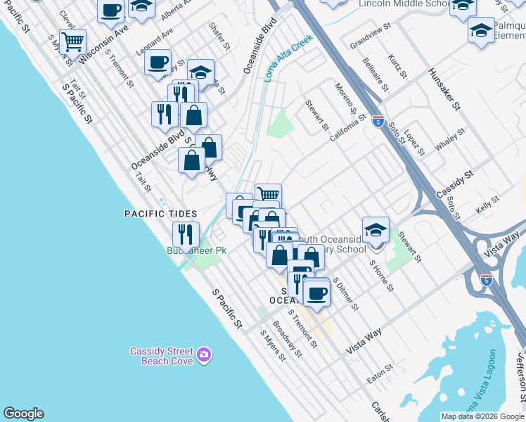 map of restaurants, bars, coffee shops, grocery stores, and more near 694 California Street in Oceanside