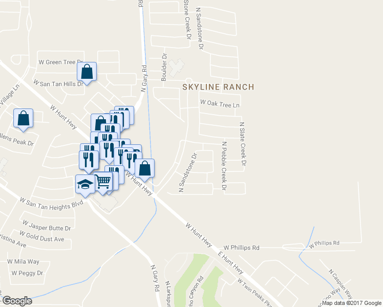 map of restaurants, bars, coffee shops, grocery stores, and more near 33100 North Sandstone Drive in San Tan Valley