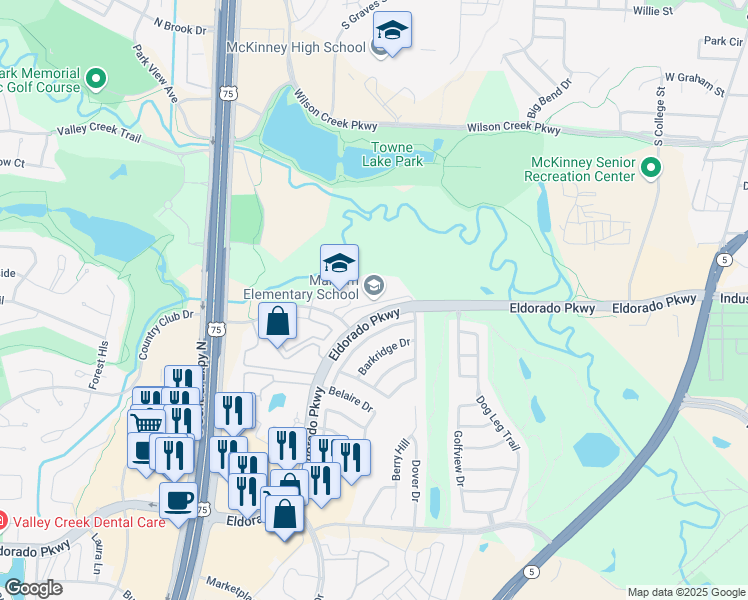 map of restaurants, bars, coffee shops, grocery stores, and more near 1100 Eldorado Parkway in McKinney