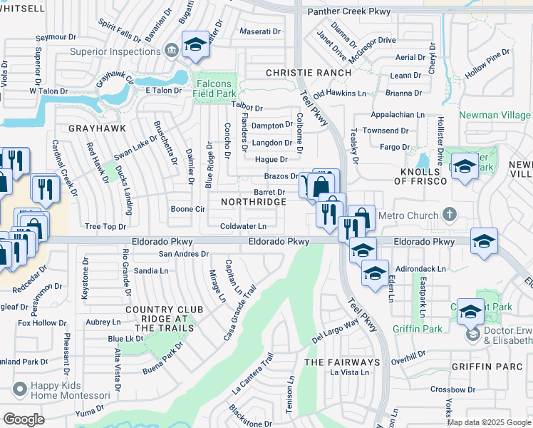 map of restaurants, bars, coffee shops, grocery stores, and more near 2274 Goliad Circle in Frisco