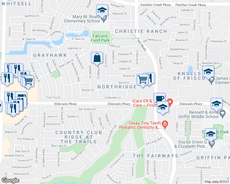 map of restaurants, bars, coffee shops, grocery stores, and more near in Frisco