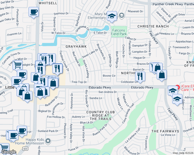 map of restaurants, bars, coffee shops, grocery stores, and more near 12232 Grayhawk Boulevard in Frisco