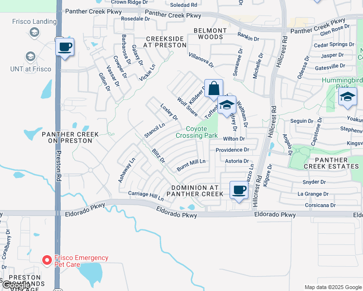 map of restaurants, bars, coffee shops, grocery stores, and more near 10165 Plainsman Lane in Frisco