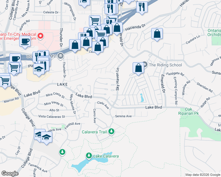 map of restaurants, bars, coffee shops, grocery stores, and more near 4264 Shadow Lane in Oceanside