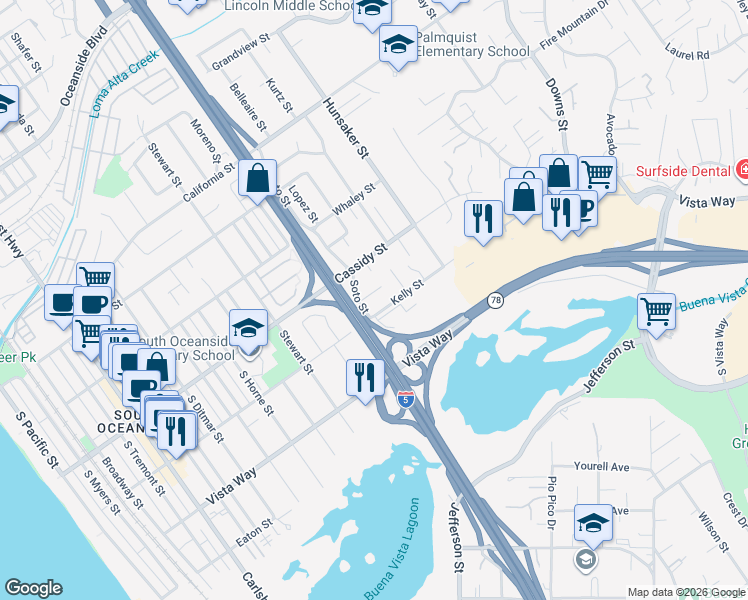map of restaurants, bars, coffee shops, grocery stores, and more near 1510 Krim Place in Oceanside