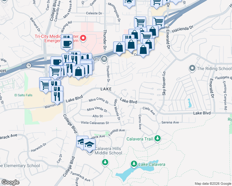 map of restaurants, bars, coffee shops, grocery stores, and more near 3551 Sandpiper Place in Oceanside