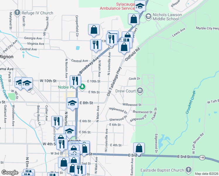 map of restaurants, bars, coffee shops, grocery stores, and more near 914 North Louisville Avenue in Sylacauga