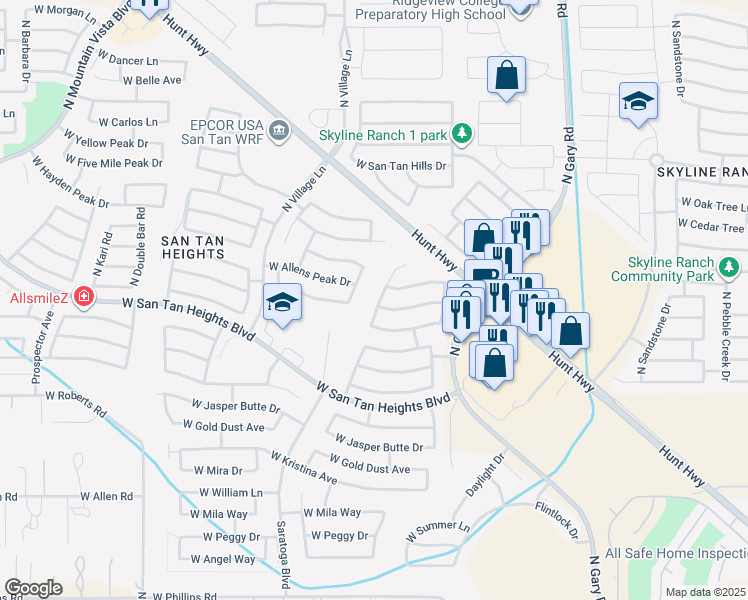 map of restaurants, bars, coffee shops, grocery stores, and more near 33126 North Cat Hills Avenue in Queen Creek