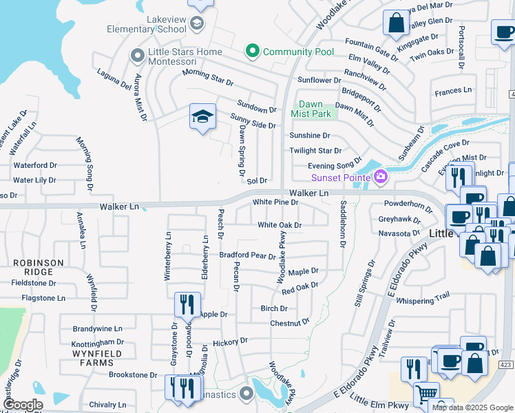 map of restaurants, bars, coffee shops, grocery stores, and more near 2241 White Pine Drive in Little Elm