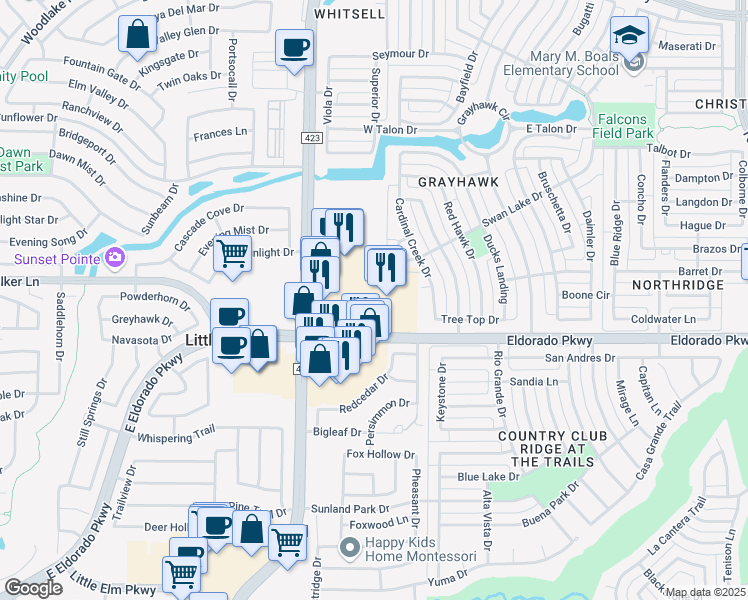 map of restaurants, bars, coffee shops, grocery stores, and more near 12220 Fm 423 in Frisco