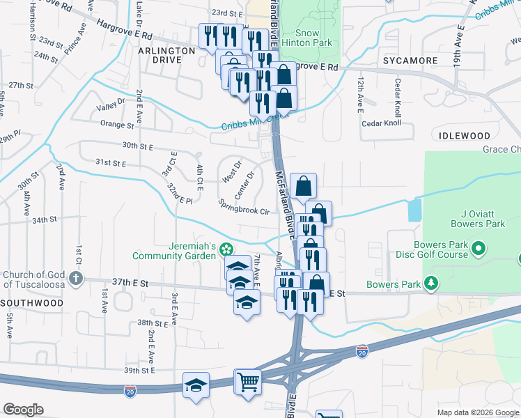 map of restaurants, bars, coffee shops, grocery stores, and more near 47 Springbrook Circle in Tuscaloosa