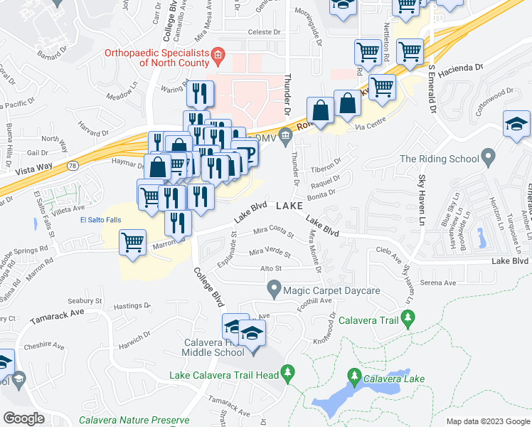 map of restaurants, bars, coffee shops, grocery stores, and more near 3935 Lake Boulevard in Oceanside