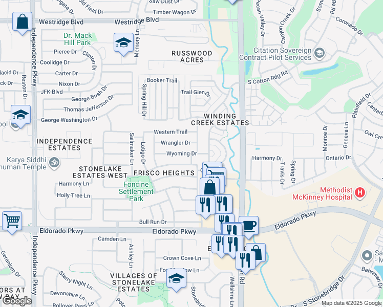 map of restaurants, bars, coffee shops, grocery stores, and more near 12326 Montana Drive in Frisco