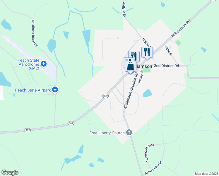 map of restaurants, bars, coffee shops, grocery stores, and more near 1060 Georgia 362 in Williamson