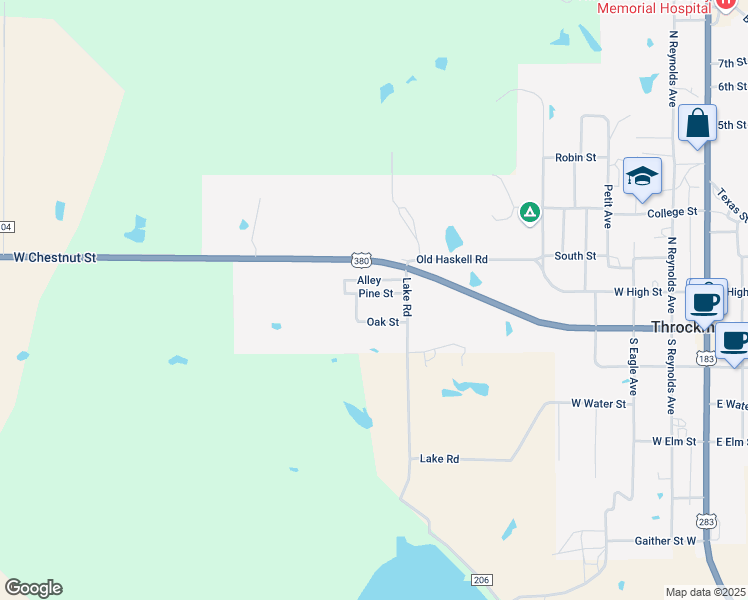map of restaurants, bars, coffee shops, grocery stores, and more near 813 Pine Street in Throckmorton