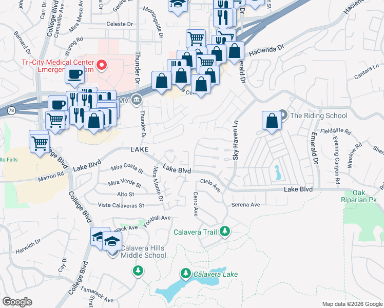 map of restaurants, bars, coffee shops, grocery stores, and more near 3555 South Sundown Lane in Oceanside