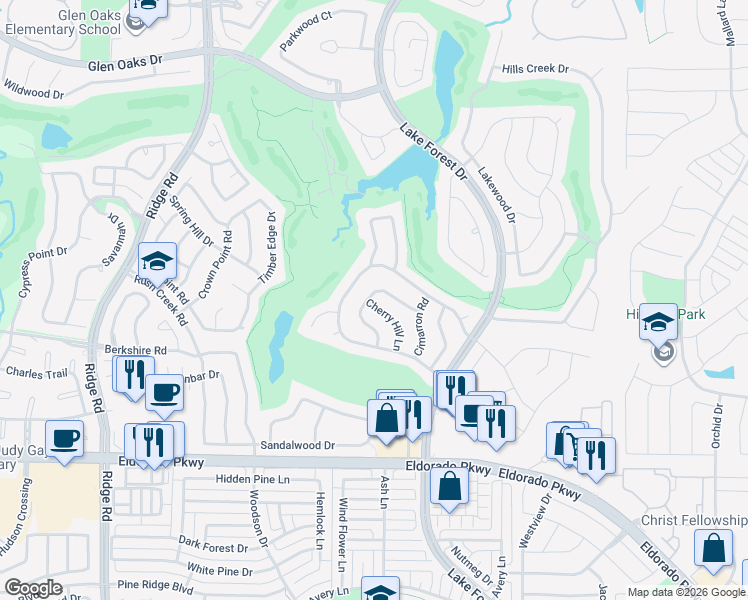 map of restaurants, bars, coffee shops, grocery stores, and more near 2125 Green Hill Drive in McKinney
