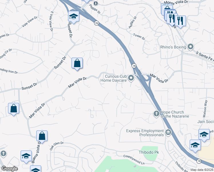 map of restaurants, bars, coffee shops, grocery stores, and more near 644 Mar Vista Drive in Vista