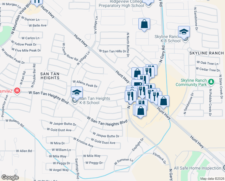 map of restaurants, bars, coffee shops, grocery stores, and more near 2037 West Hayden Peak Drive in Queen Creek