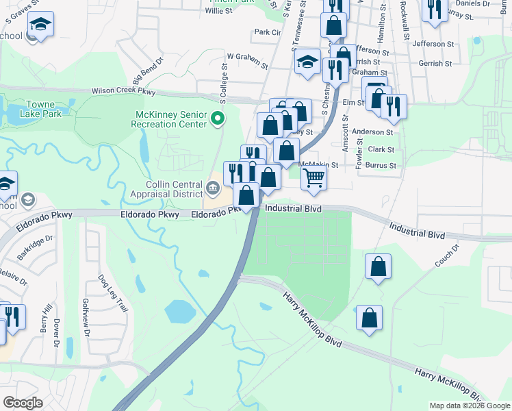 map of restaurants, bars, coffee shops, grocery stores, and more near 1608 South McDonald Street in McKinney