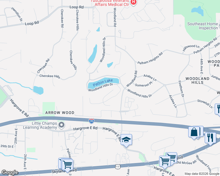 map of restaurants, bars, coffee shops, grocery stores, and more near 3501 Woodland Hills Drive in Tuscaloosa