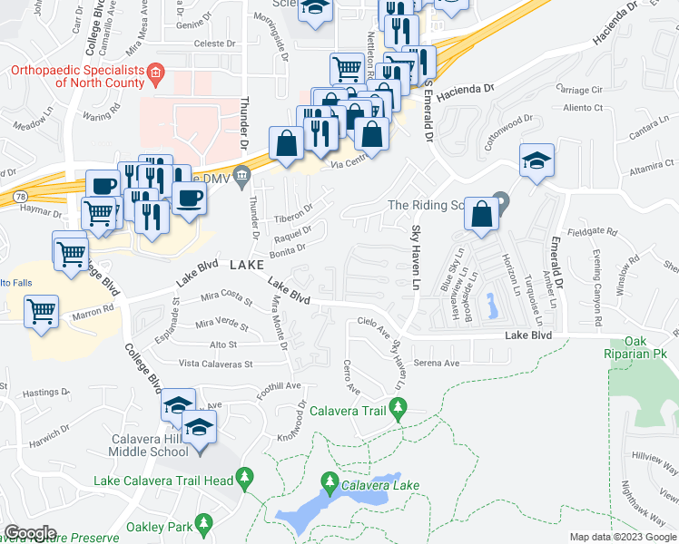 map of restaurants, bars, coffee shops, grocery stores, and more near 3555 South Sundown Lane in Oceanside