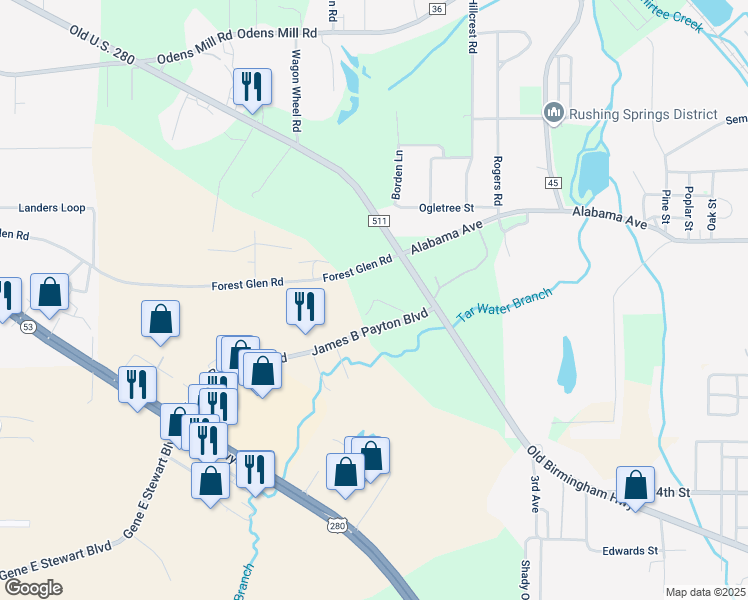 map of restaurants, bars, coffee shops, grocery stores, and more near 114 Landing Way in Sylacauga