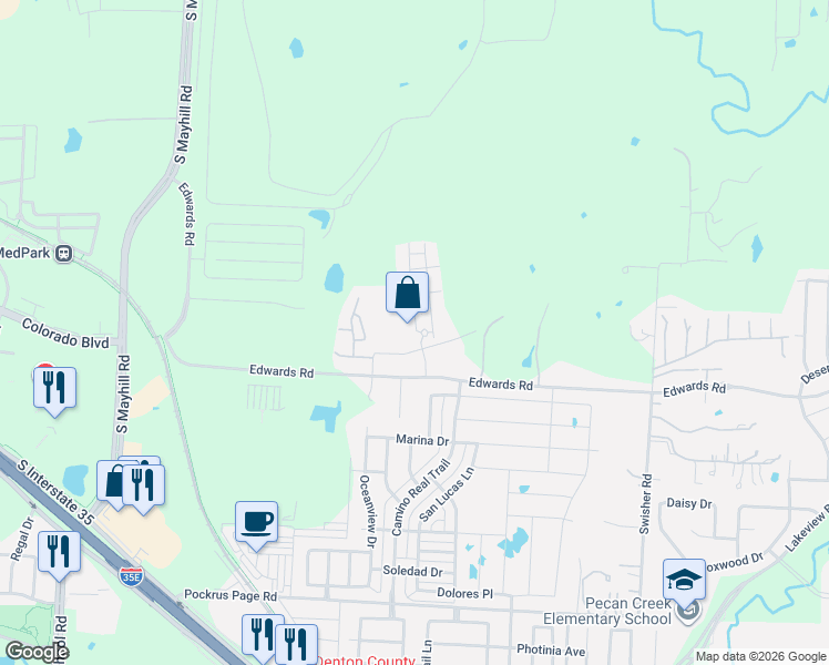 map of restaurants, bars, coffee shops, grocery stores, and more near 5201 Par Drive in Denton