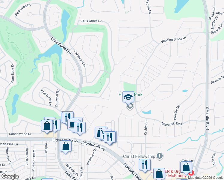 map of restaurants, bars, coffee shops, grocery stores, and more near 1105 Shady Oaks Circle in McKinney