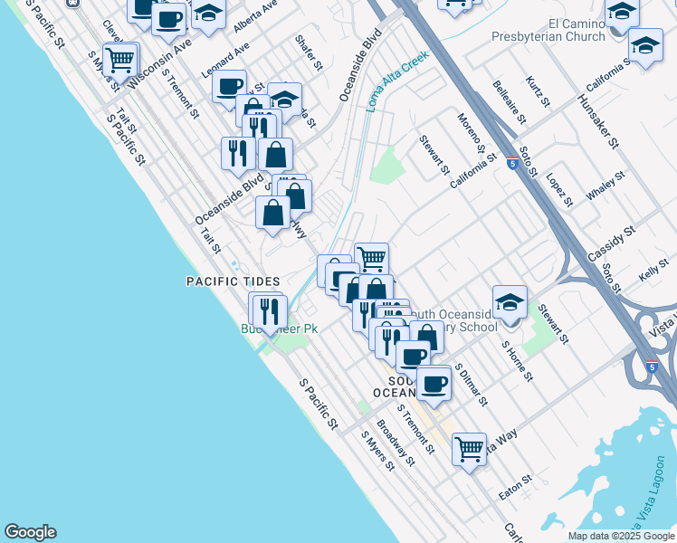 map of restaurants, bars, coffee shops, grocery stores, and more near 218 Kristy Lane in Oceanside
