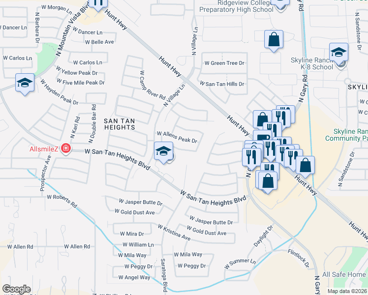 map of restaurants, bars, coffee shops, grocery stores, and more near 2478 West Tanner Ranch Road in San Tan Valley