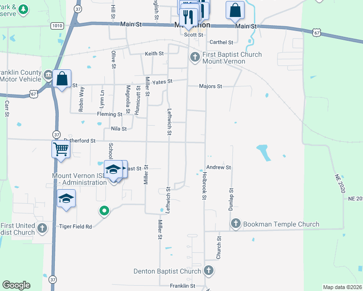 map of restaurants, bars, coffee shops, grocery stores, and more near 641 Leftwich Street in Mount Vernon