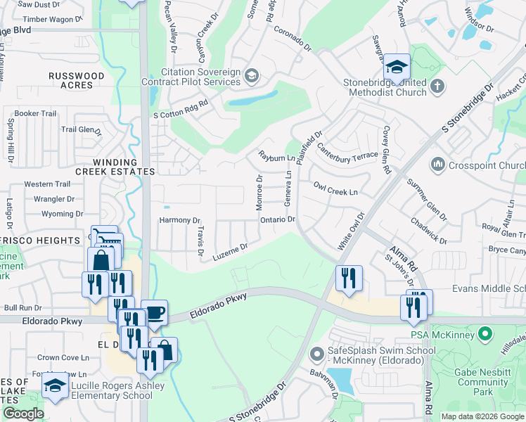 map of restaurants, bars, coffee shops, grocery stores, and more near 2410 Monroe Drive in McKinney