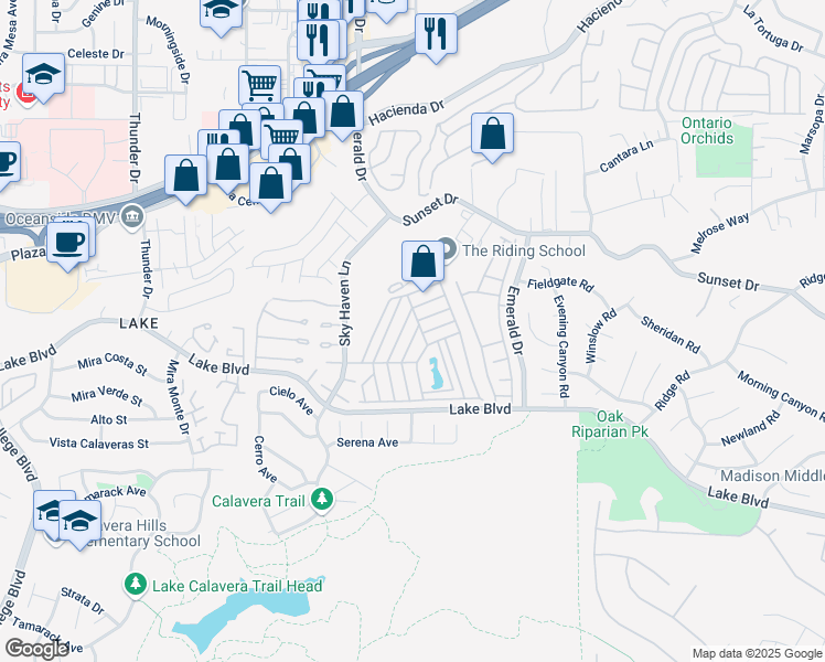 map of restaurants, bars, coffee shops, grocery stores, and more near 78 Brookside Lane in Oceanside