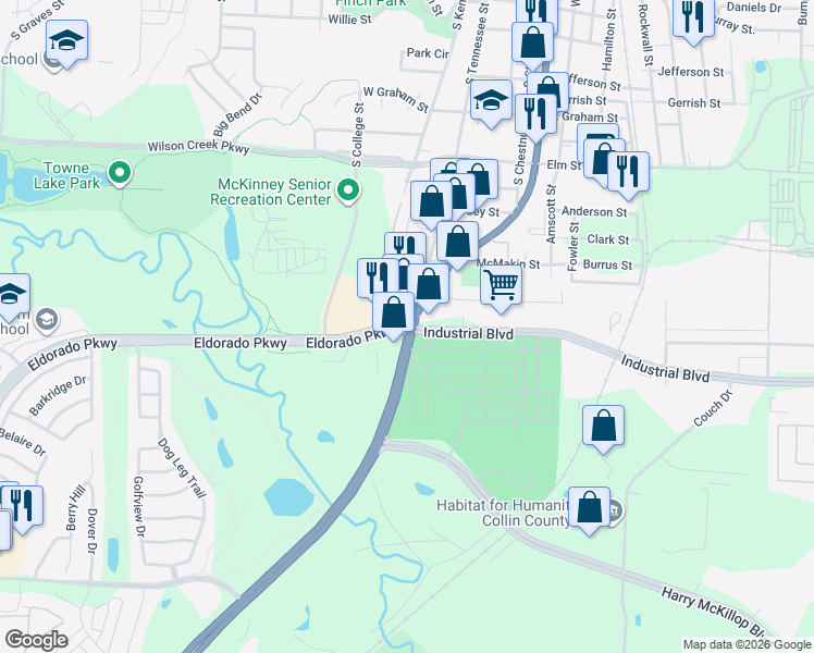 map of restaurants, bars, coffee shops, grocery stores, and more near 1608 South McDonald Street in McKinney