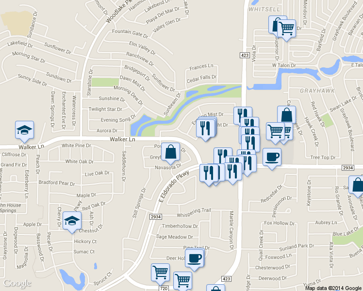 map of restaurants, bars, coffee shops, grocery stores, and more near 2647 Powderhorn Drive in Little Elm