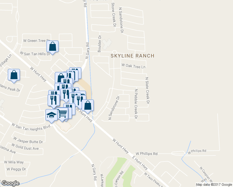 map of restaurants, bars, coffee shops, grocery stores, and more near 33128 North Sandstone Drive in Queen Creek