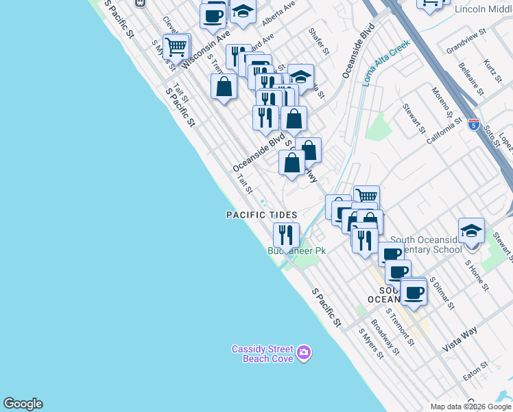 map of restaurants, bars, coffee shops, grocery stores, and more near 1318 South Pacific Street in Oceanside