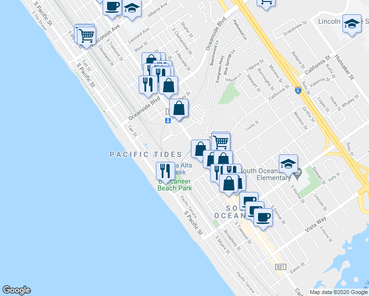 map of restaurants, bars, coffee shops, grocery stores, and more near 1531 South Coast Highway in Oceanside