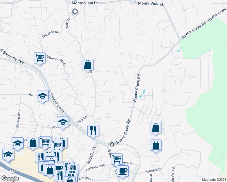 map of restaurants, bars, coffee shops, grocery stores, and more near 1890 Cathan Ln in Vista