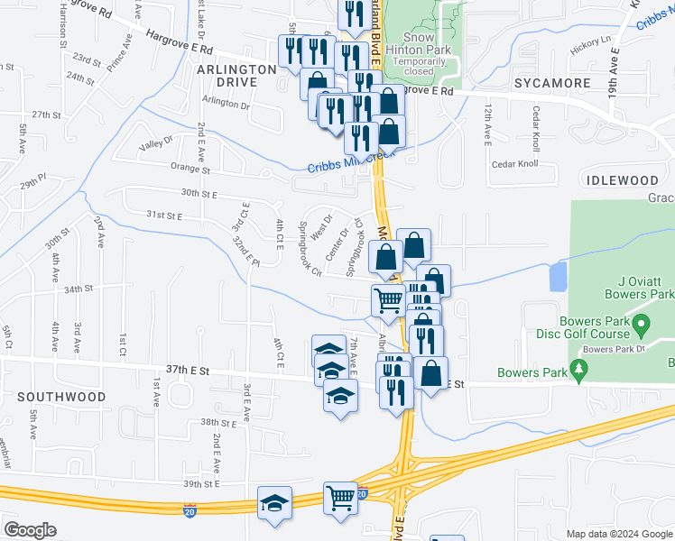 map of restaurants, bars, coffee shops, grocery stores, and more near 67 Springbrook in Tuscaloosa