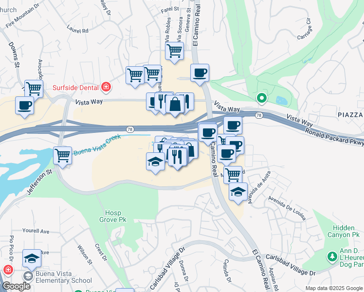 map of restaurants, bars, coffee shops, grocery stores, and more near 2545 El Camino Real in Oceanside