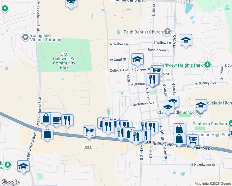 map of restaurants, bars, coffee shops, grocery stores, and more near 716 Prairie Creek Drive in Princeton