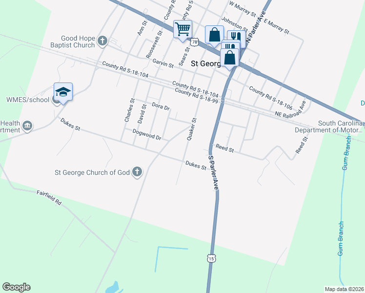 map of restaurants, bars, coffee shops, grocery stores, and more near 213 Quaker Road in Saint George