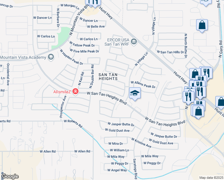 map of restaurants, bars, coffee shops, grocery stores, and more near 2892 West Mineral Butte Drive in Queen Creek